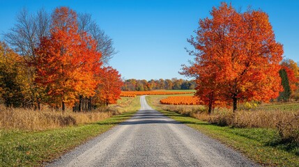 Obraz premium Quiet country road lined with vibrant orange and red autumn trees under a clear blue sky
