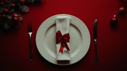 Christmas dinner concept. Christmas plate on the table. Festive Xmas background