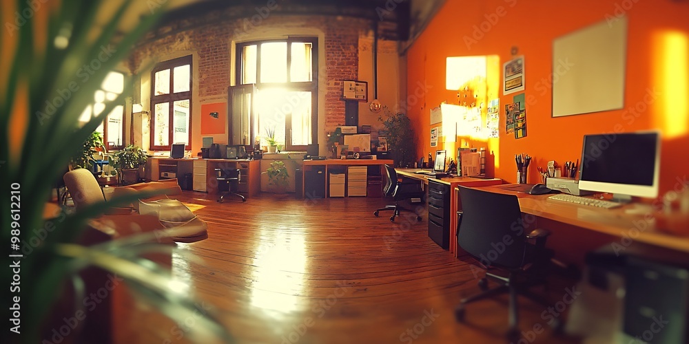 Poster blurred office environment shot through fisheye lens with minimalistic desks and decor softly fading