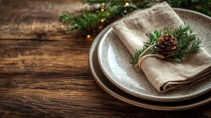 Christmas dinner concept. Christmas plate on the table. Festive Xmas background
