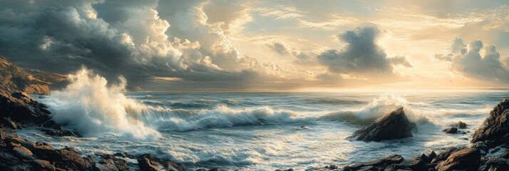 Fototapeta premium Dramatic Coastal Landscape, waves crashing against rugged cliffs, soft blur of distant scenery, vibrant sky filled with dynamic clouds
