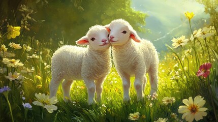 Fototapeta premium A pair of baby lambs standing in a green meadow, gently nuzzling each other while surrounded by springtime flowers.