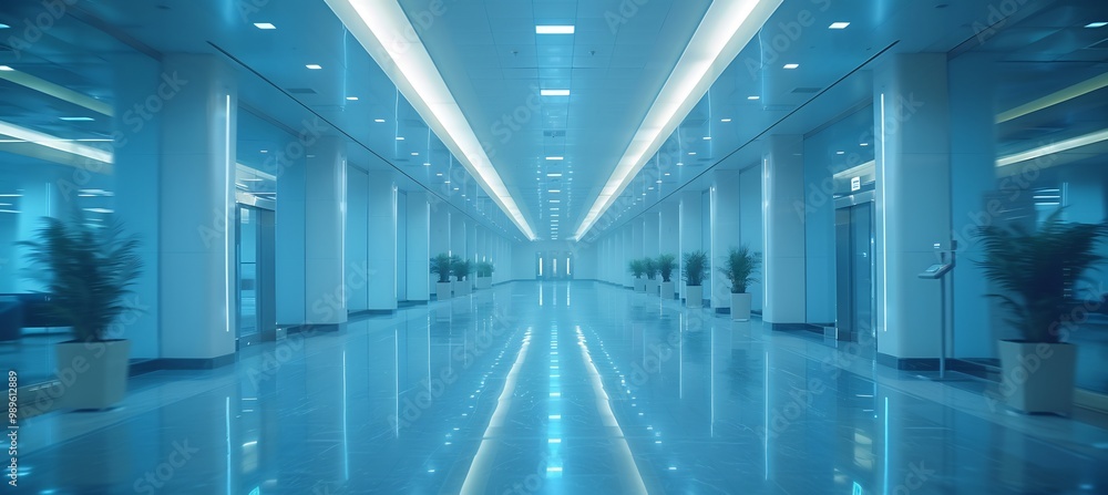 Poster blurred panning shot of smart office space with voiceactivated systems where only a single control p