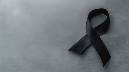 Black ribbon symbolizing mourning, lose and remembrance on black background for mourning, remembrance, sadness, grief copy space