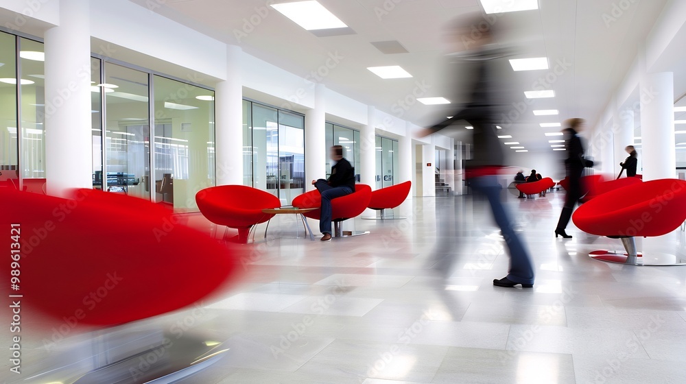 Poster blurred wide shot of corporate office floor with minimalist furniture using a slow shutter speed to 
