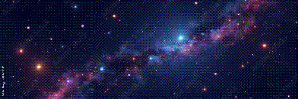 Fototapete Pixelated amazing huge nebula and glowing stars in universe. Panoramic deep space scene background in vintage pixel art style with dithering effect for 8-bit retro videogame. Vector illustration
