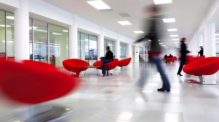 Blurred wide shot of corporate office floor with minimalist furniture using a slow shutter speed to capture motion in a modern work setting