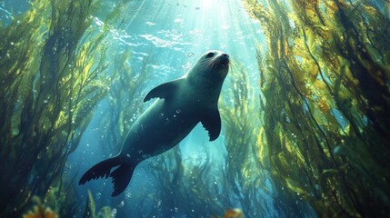 Obraz premium A playful seal swimming through a kelp forest, with sunlight streaming down and illuminating the vibrant underwater landscape.