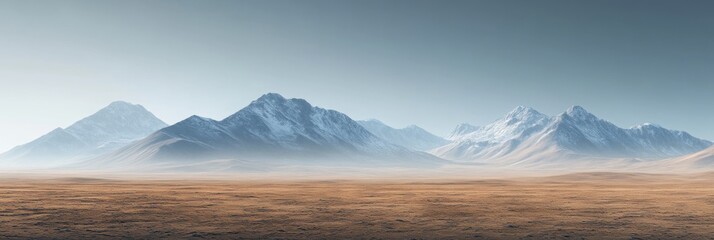 Obraz premium Serene high-altitude plateau, distant peaks loom softly blurred, clear blue sky stretches above, tranquil and expansive landscape scene