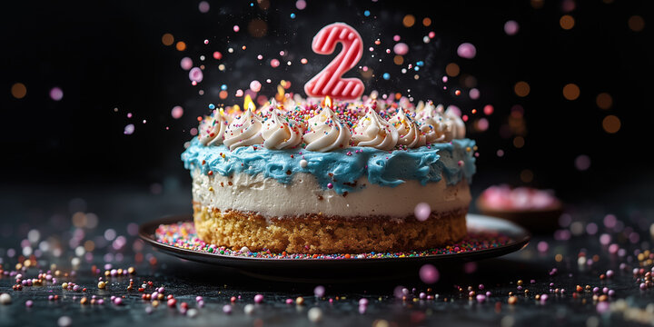 Colorful creative fun rainbow winter-themed 2nd white Birthday Cake with candle Number two Topper, blue frosting, rainbow confetti sprinkles for Children's happy bday Party