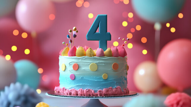 Colorful fun fun-themed 4th Birthday Cake with Red Number Seven Topper for Children's happy bday Party - Powered by Adobe