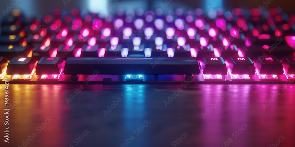 Poster blurry closeup of futuristic holographic keyboard on a sleek desk captured using macro photography w