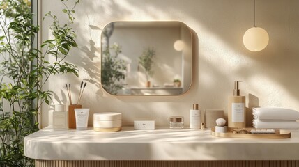 Elegant beauty desk featuring an AI-powered mirror with skincare products and natural lighting for a modern aesthetic