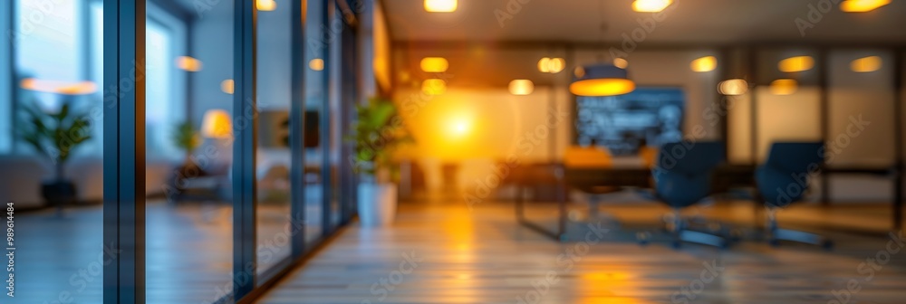 Poster blurry corner of futuristic corporate office using selective focus to highlight a floating desk with