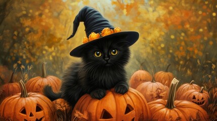 Naklejka premium Black Cat in a Witch Hat with Pumpkins for Halloween