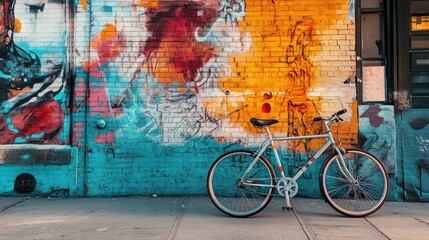 A stylish bicycle parked in front of a colorful mural on a city street, with graffiti art and urban textures adding vibrancy to the scene.