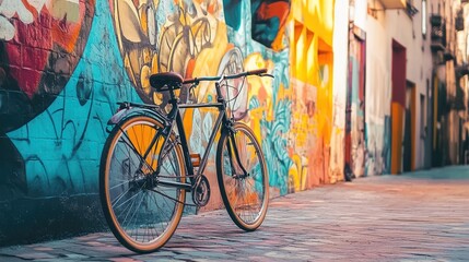 A stylish bicycle parked in front of a colorful mural on a city street, with graffiti art and urban textures adding vibrancy to the scene.