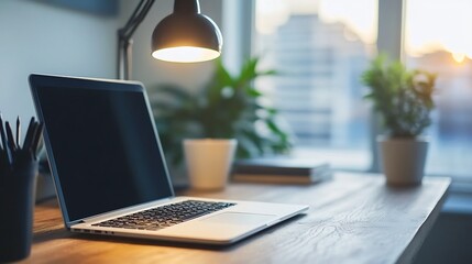 Blurry corner of minimalist home office where a single hanging lamp creates soft shadows on a sleek wooden desk fading gently into the surrounding decor