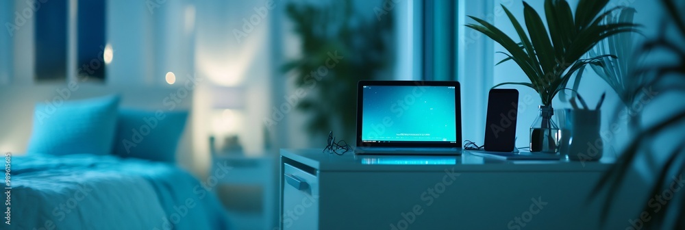 Poster blurry home office desk surrounded modern gadgets captured with a shallow depth of field that focuse