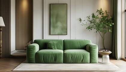 Modern living room design featuring a vibrant green sofa in a spacious, uncluttered environment crafted with generative AI creativity