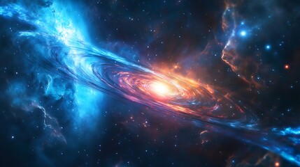 Cosmic string stretching across space with a nearby redshifted galaxy and a blue giant star showing thermodynamic equilibrium and entropy