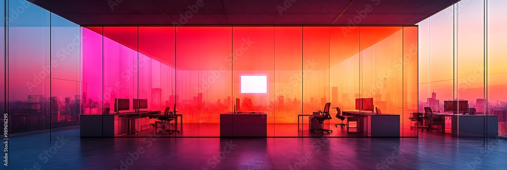 Poster blurry longexposure capture of floating digital assistant projection in a futuristic office with des
