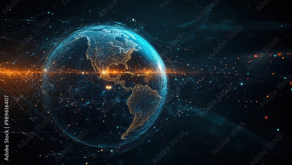 Poster digital planet earth with a global network and connectivity concept, digital data transfer earth glo