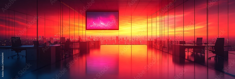 Poster blurry longexposure capture of floating digital assistant projection in a futuristic office with des