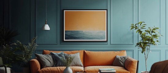 Living room art display mockup with a contemporary wall frame for posters.