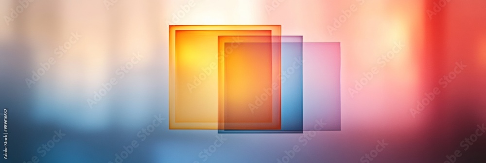 Poster overlapping squares with vibrant gradient, three squares layered on a soft blend of yellow, orange, 