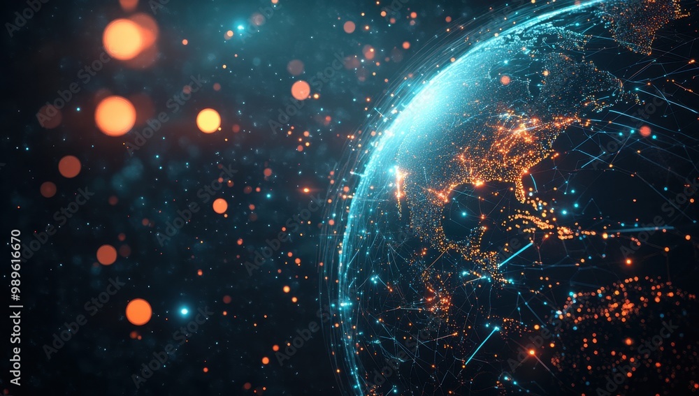 Poster digital earth globe with glowing data points on a dark background, symbolizing global digital connec
