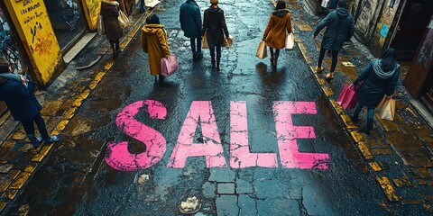 A close-up of a pink Sale inscription on the asphalt against a background of blurred people with colorful bags. The concept of discounts and sales