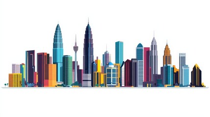 Minimalist 2D Vector Illustration of Kuala Lumpur Skyline on Clean White Background, Malaysian Urban Architecture Artwork