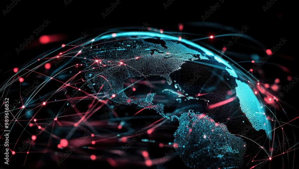 Poster a digital globe with global network connections, representing the world of cybersecurity and technol