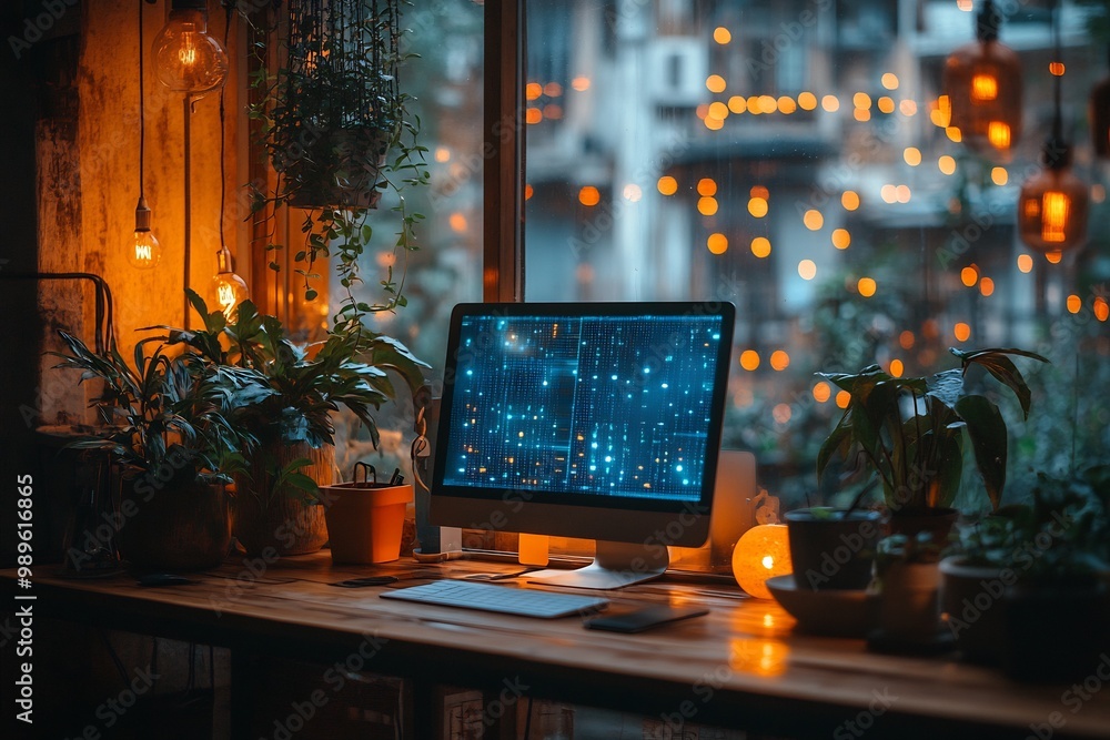 Poster blurry minimalist futuristic home office a projectionbased workspace using selective focus to highli