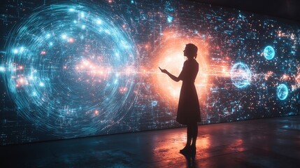 Woman Interacting with Digital Data Visualization