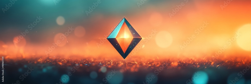 Poster teal and orange gradient diamond, a striking sharp-edged diamond shape merges with a soft gradient b