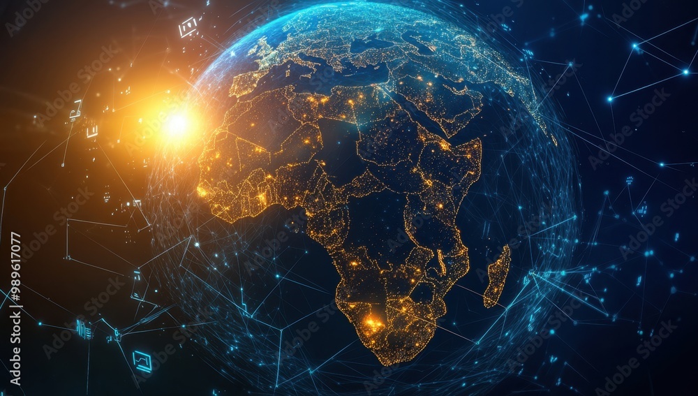 Poster a digital globe with the african continent highlighted, surrounded by glowing data streams and icons