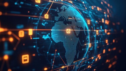 Fototapeta premium A digital globe with the African continent highlighted, surrounded by glowing data streams and icons representing global network connectivity Generative AI