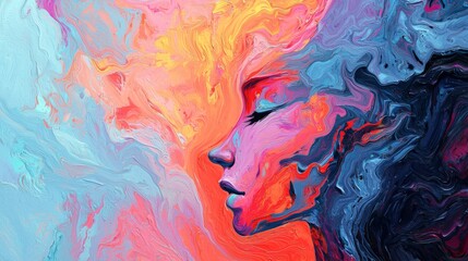 A vibrant, abstract portrait of a woman's profile, showcasing swirls of color that evoke emotion and creativity.