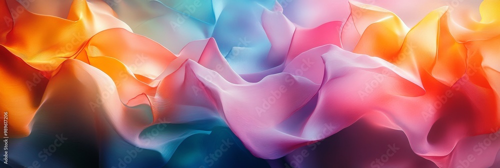 Poster dynamic polygonal form, vibrant colors blending into abstract swirls, creating a striking visual con