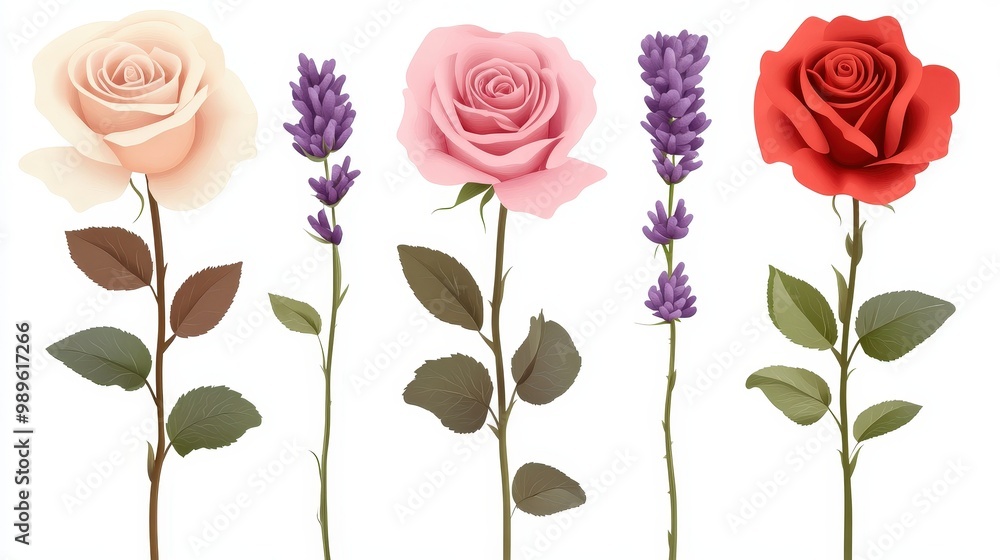 Poster variety of colorful rose flowers collection set in minimal vector style on transparent background fo