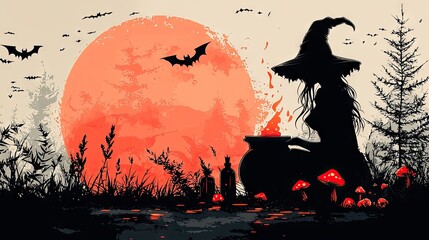 A mystical witch brewing a potion in a cauldron, surrounded by enchanted forest creatures, glowing mushrooms, and floating potion bottles, all under a full moon