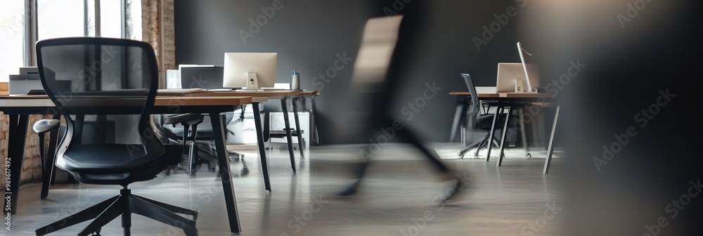 Poster blurry minimalist office captured a zoom blur effect focusing on a single modern chair while the bac