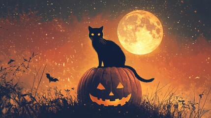 Fototapeta premium Black Cat Perched on a Jack-o'-Lantern Under a Full Moon