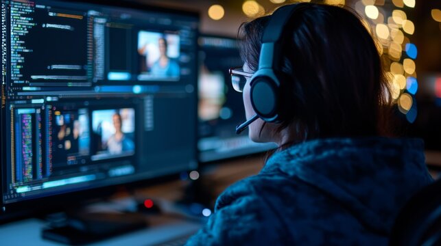 A person wearing a headset focuses on multiple screens, immersed in coding and digital editing amid colorful bokeh lights.