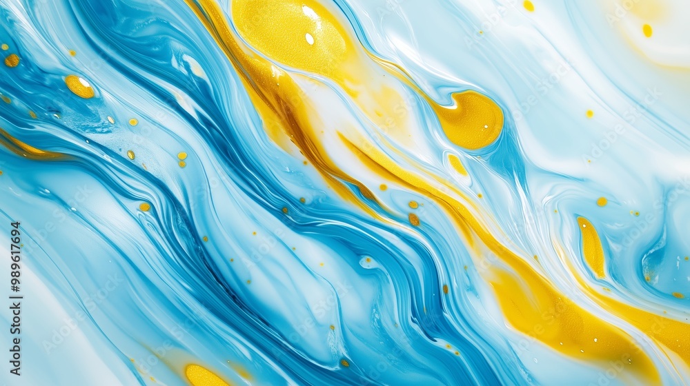 Poster swirling blue and yellow abstract pattern created with fluid paint in an artistic studio setting