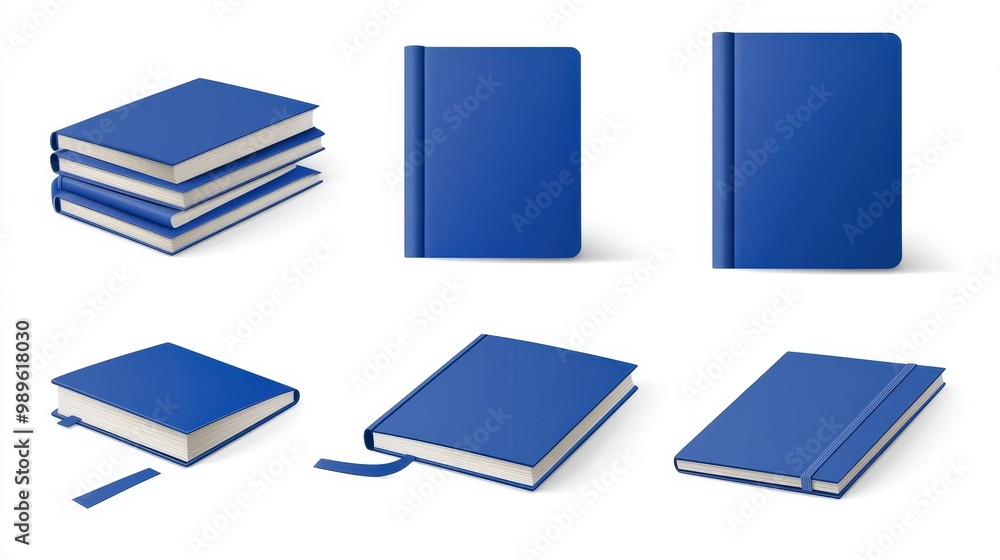 Poster realistic 3d vector mockups of blank blue book and notepad with bookmark template on white backgroun
