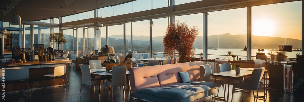 Poster blurry office captured golden hour with sunlight filtering through the windows softly highlighting t