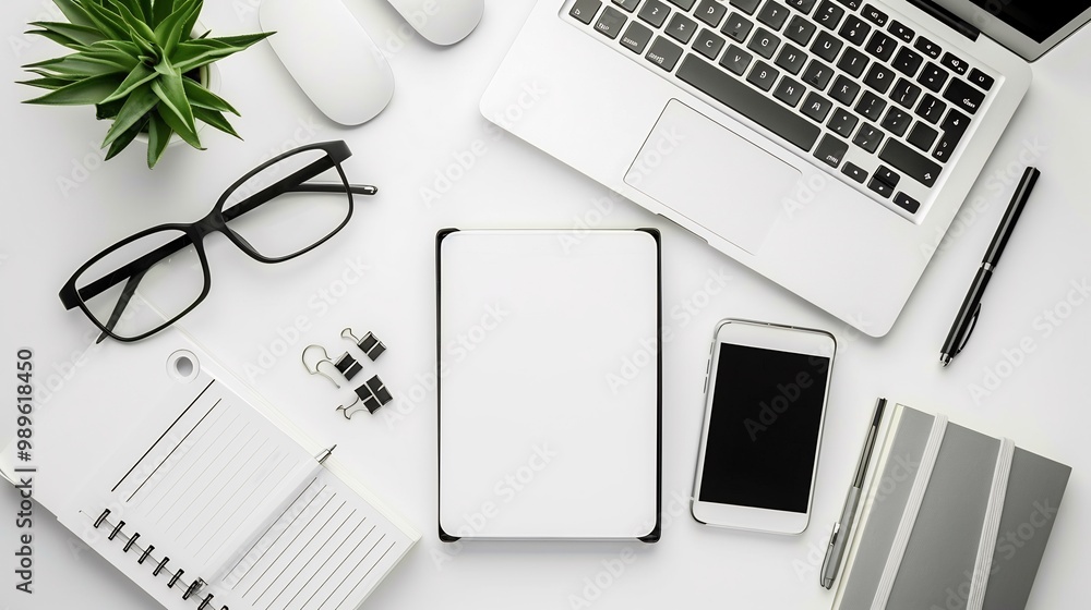 Poster blurry overhead shot of minimalist standing desk with modern gadgets using a topdown view to capture